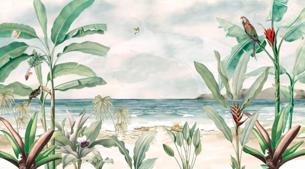 Peinture d'une plage avec des plantes et un oiseau en vol Peinture d'une plage avec des plantes et un oiseau en vol
