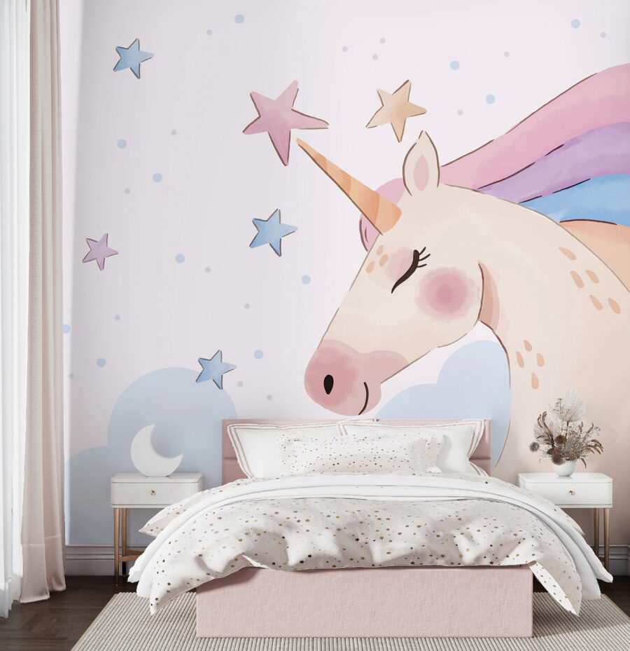 Une licorne avec des étoiles et des nuages