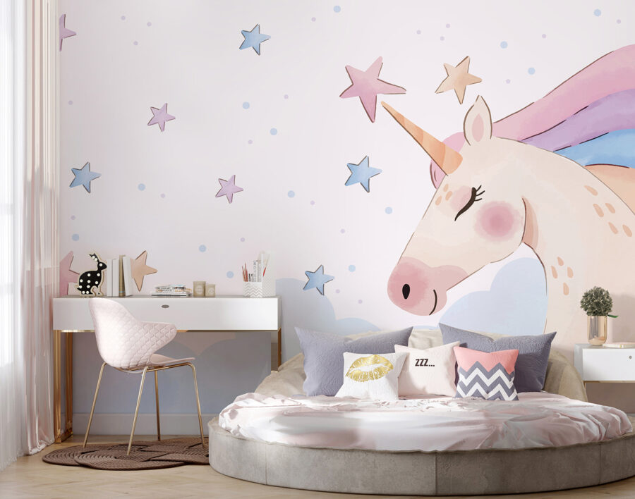Une licorne avec des étoiles et des nuages
