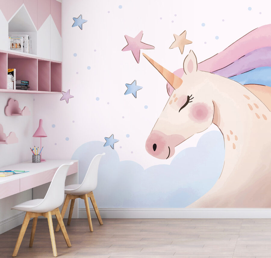Une licorne avec des étoiles et des nuages
