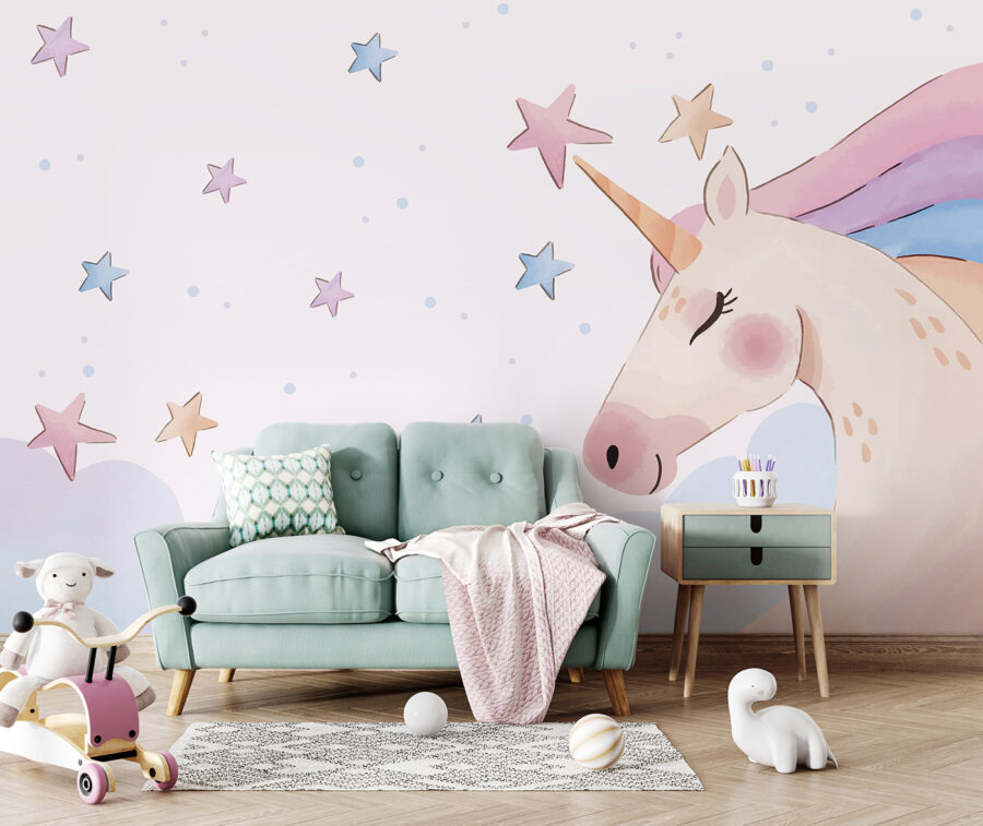 Une licorne avec des étoiles et des nuages