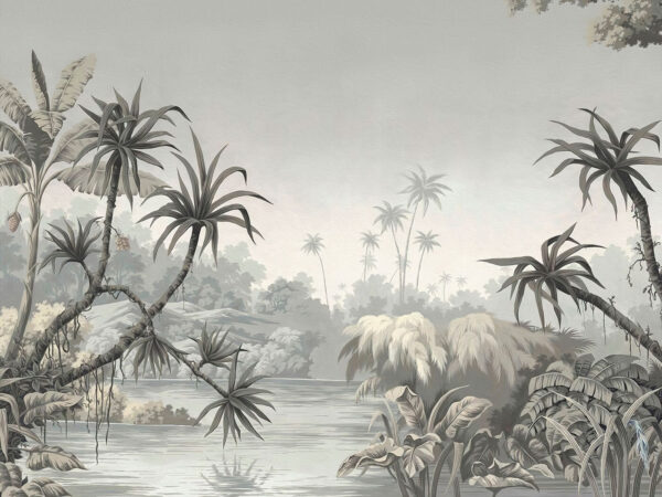Un papier peint avec une rivière et des arbres Un papier peint avec une rivière et des arbres