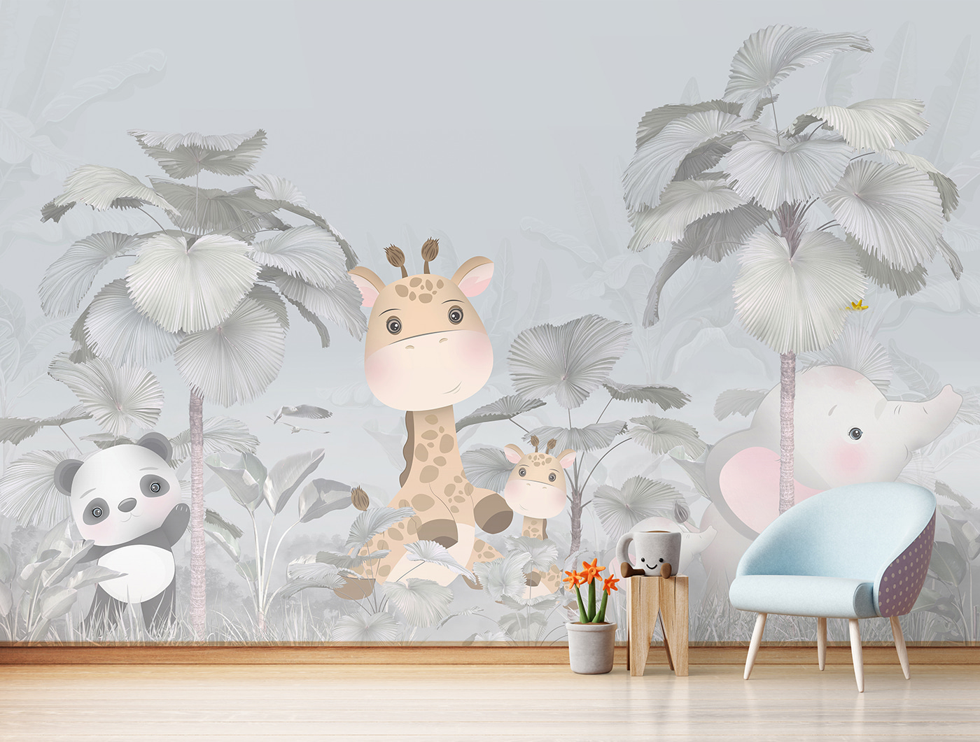 A giraffe and elephant in a forest A giraffe and elephant in a forest