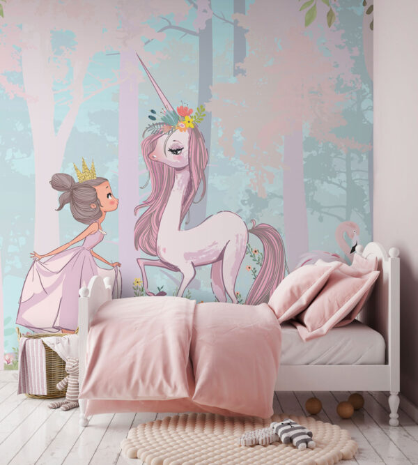 Dessin animé d'une fille et d'une licorne dans une forêt Dessin animé d'une fille et d'une licorne dans une forêt