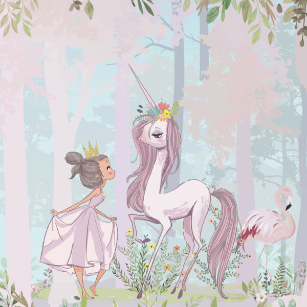 Dessin animé d'une fille et d'une licorne dans une forêt Dessin animé d'une fille et d'une licorne dans une forêt