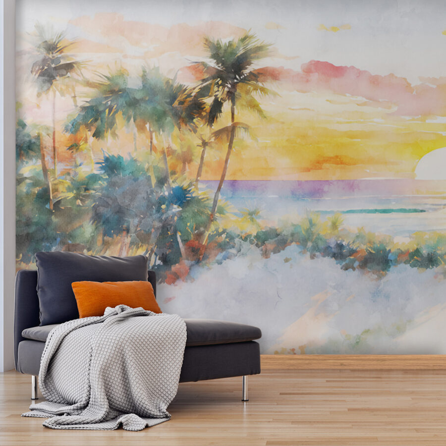 Aquarelle d'une plage avec des palmiers et un coucher de soleil