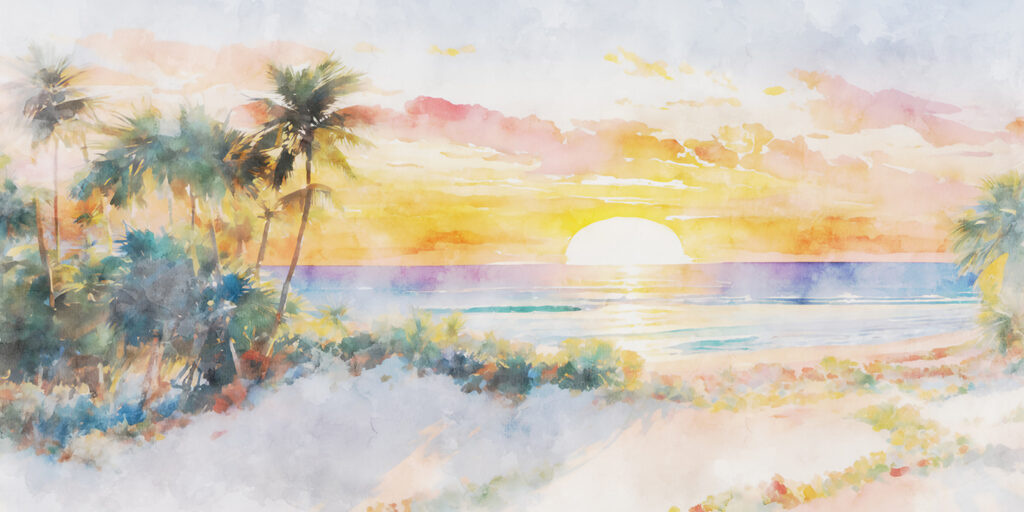 Aquarelle d'une plage avec des palmiers et un coucher de soleil Aquarelle d'une plage avec des palmiers et un coucher de soleil