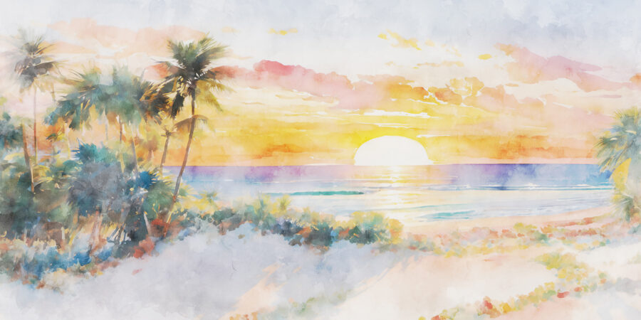 Aquarelle d'une plage avec des palmiers et un coucher de soleil