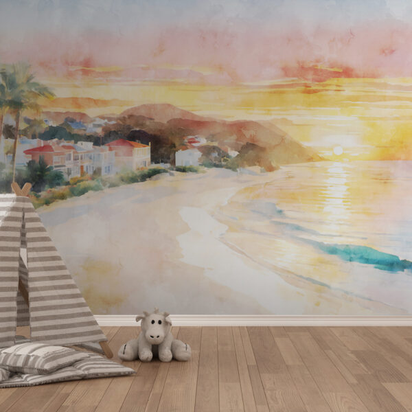 Aquarelle d'une plage avec des maisons et un plan d'eau Aquarelle d'une plage avec des maisons et un plan d'eau