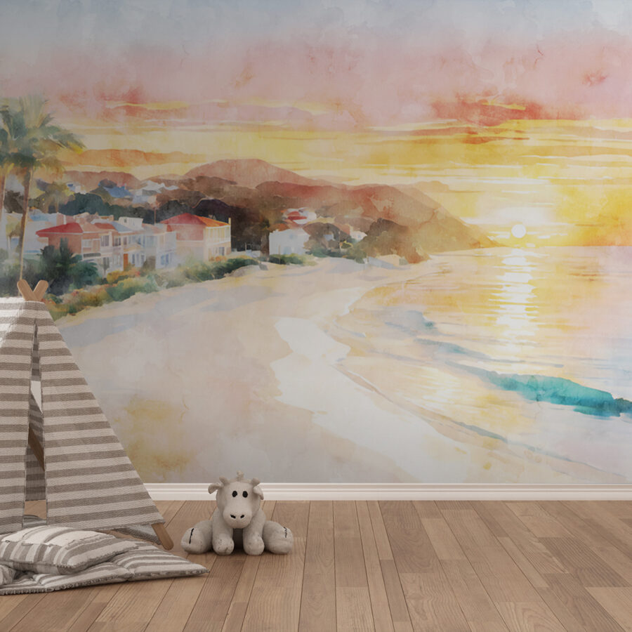 Aquarelle d'une plage avec des maisons et un plan d'eau