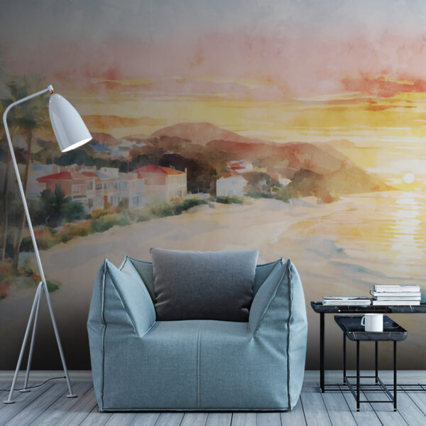 Aquarelle d'une plage avec des maisons et un plan d'eau Aquarelle d'une plage avec des maisons et un plan d'eau