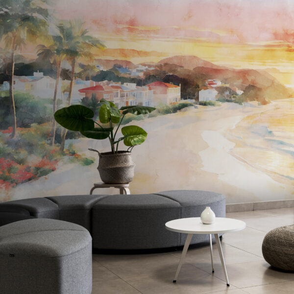 Aquarelle d'une plage avec des maisons et un plan d'eau Aquarelle d'une plage avec des maisons et un plan d'eau