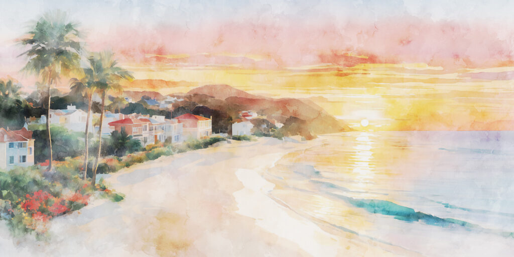Aquarelle d'une plage avec des maisons et un plan d'eau Aquarelle d'une plage avec des maisons et un plan d'eau