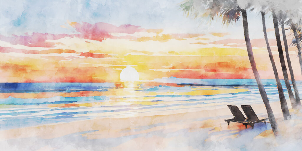 Aquarelle d'une plage avec un coucher de soleil Aquarelle d'une plage avec un coucher de soleil