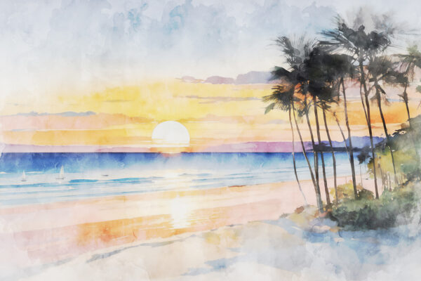 Aquarelle d'une plage avec des palmiers et un coucher de soleil Aquarelle d'une plage avec des palmiers et un coucher de soleil