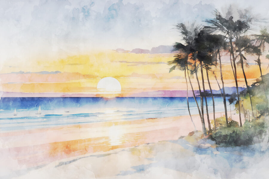 Aquarelle d'une plage avec des palmiers et un coucher de soleil