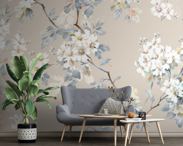 Motif floral de fleurs blanches et de feuilles bleues Motif floral de fleurs blanches et de feuilles bleues