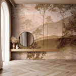 Papier peint Paysage brumeux avec arbres et collines