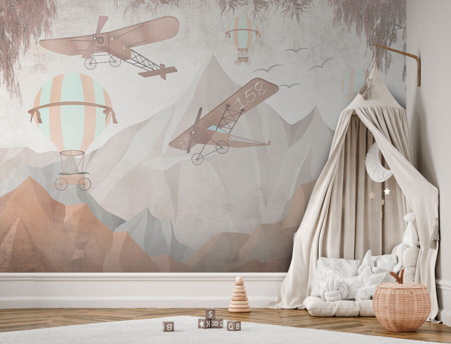 Peinture d'avions survolant des montagnes