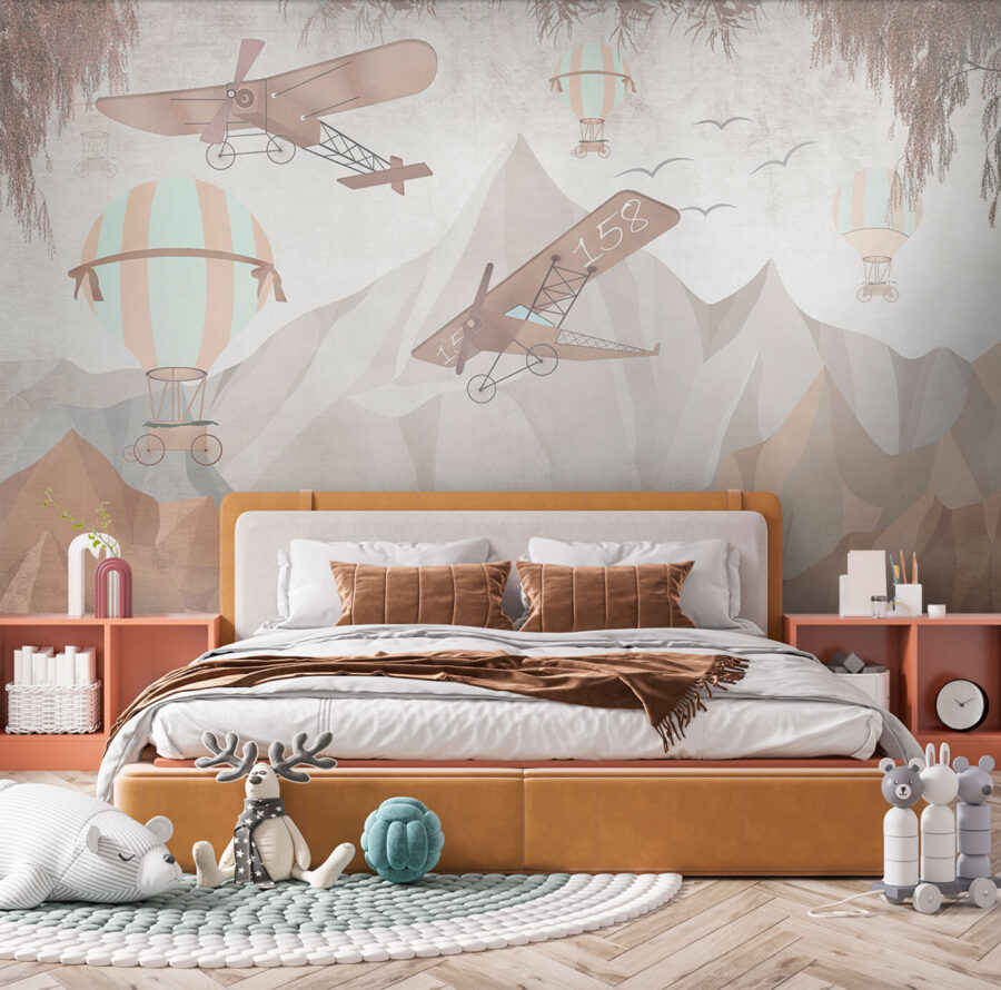 Peinture d'avions survolant des montagnes