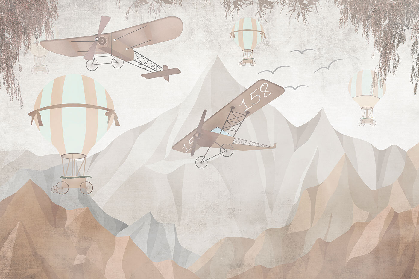 Painting of airplanes flying over mountains