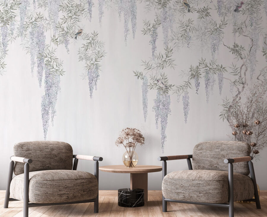 Papier peint avec des fleurs et des oiseaux