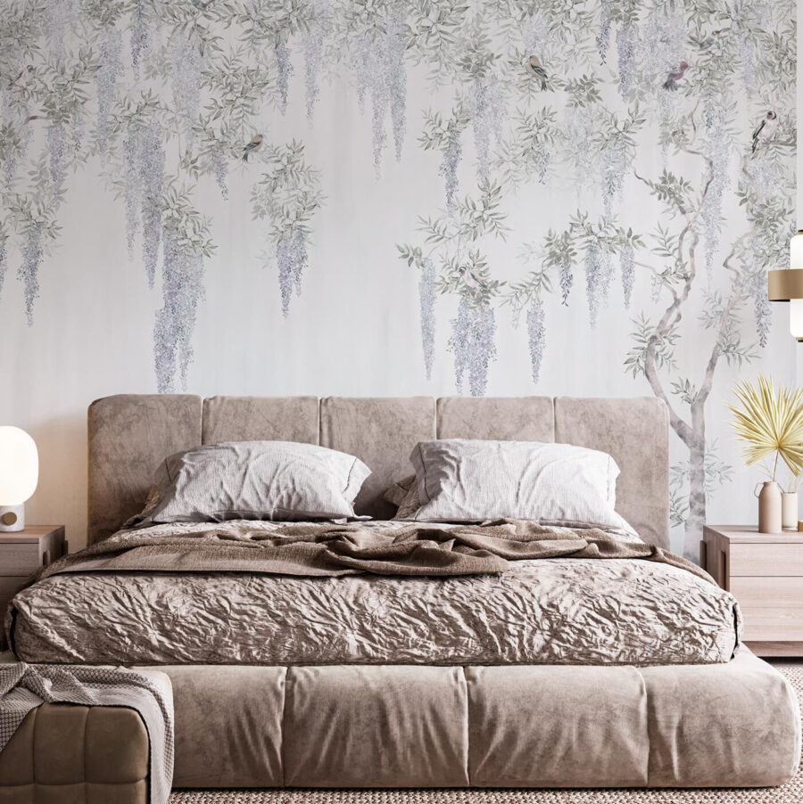 Papier peint avec des fleurs et des oiseaux