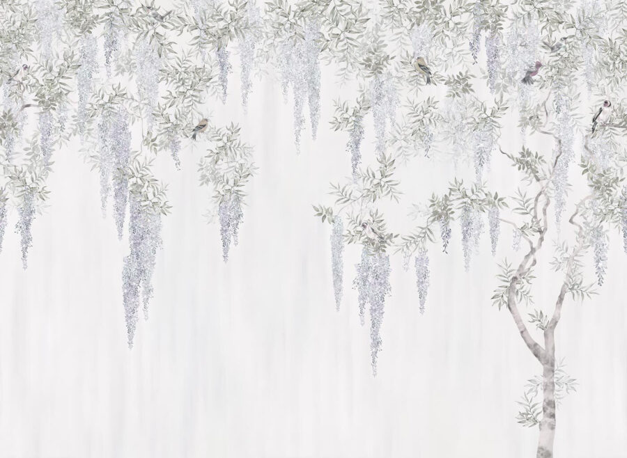 Papier peint avec des fleurs et des oiseaux