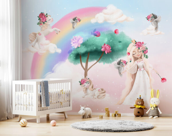 Caricature d'une fille avec des fleurs dans les cheveux et un arc-en-ciel Caricature d'une fille avec des fleurs dans les cheveux et un arc-en-ciel