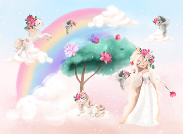 Caricature d'une fille avec des fleurs dans les cheveux et un arc-en-ciel Caricature d'une fille avec des fleurs dans les cheveux et un arc-en-ciel