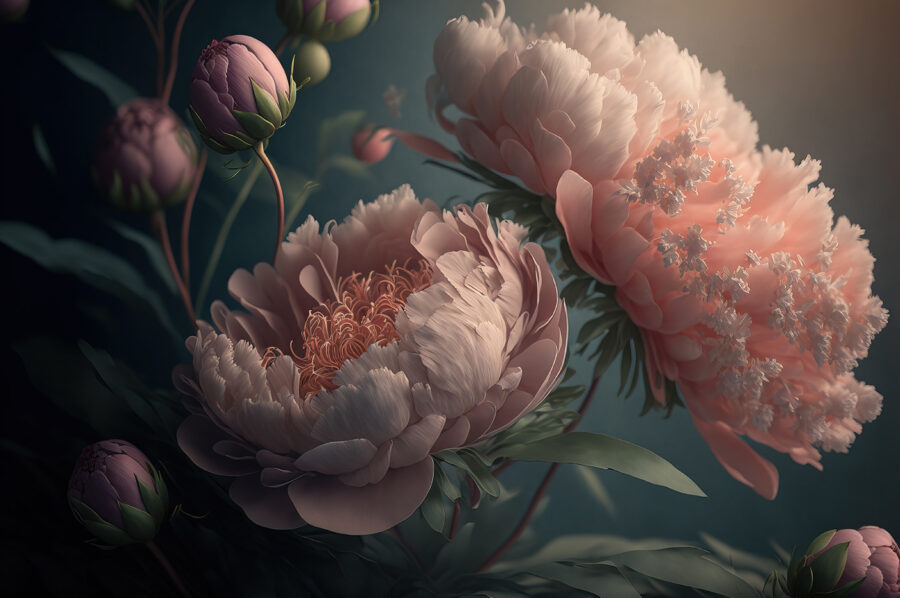 Pivoines délicates aux couleurs douces.