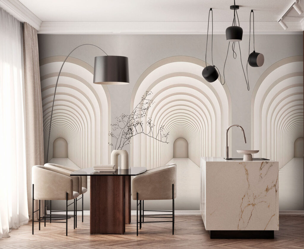 White hallway with arched windows