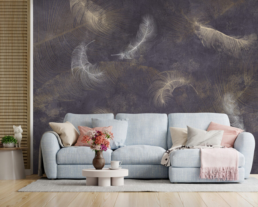 Plumes blanches sur une surface violette