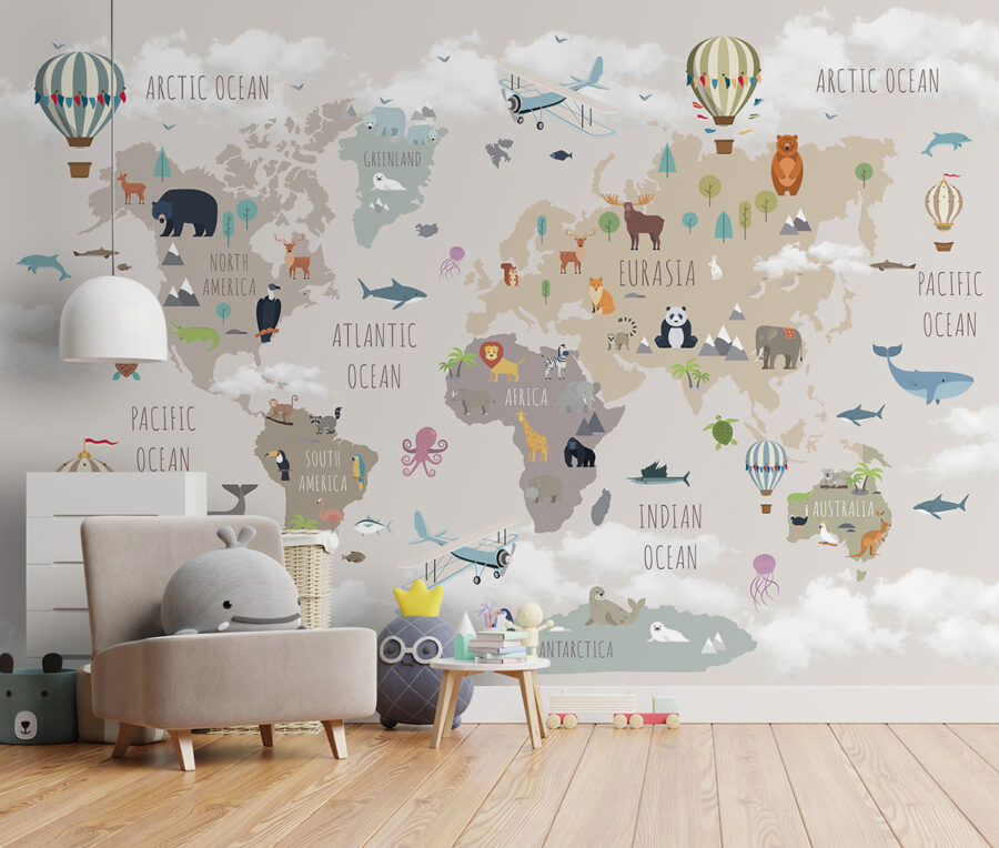 Carte du monde avec animaux et oiseaux