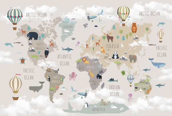 Carte du monde avec animaux et oiseaux Carte du monde avec animaux et oiseaux