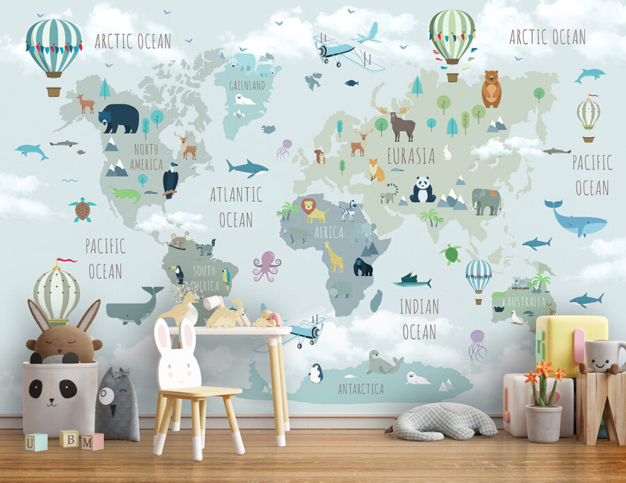 Carte du monde avec animaux et oiseaux