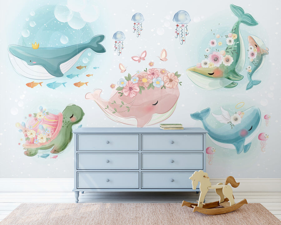 Groupe de baleines de dessins animés