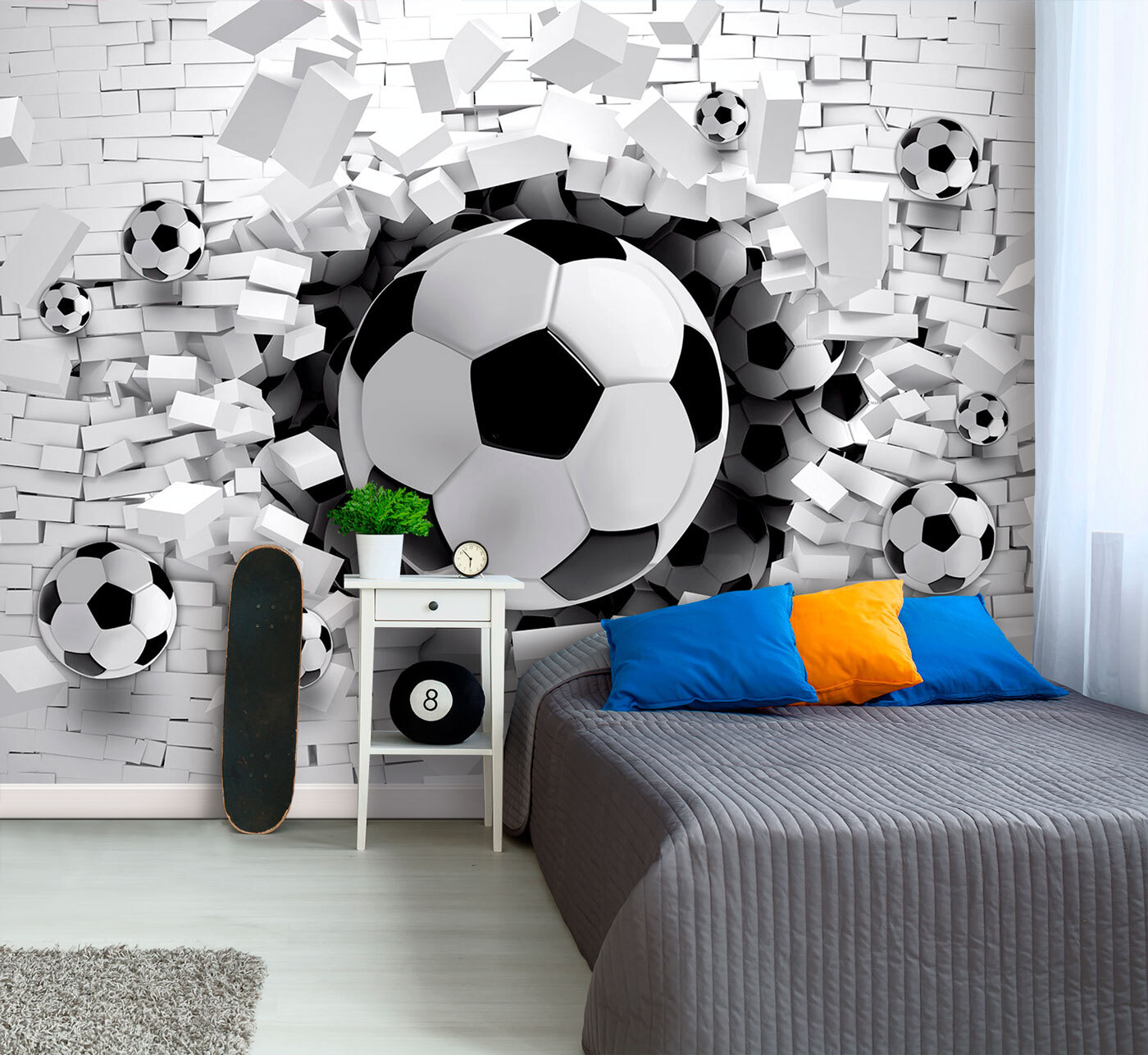 Football ball breaking through a brick wall