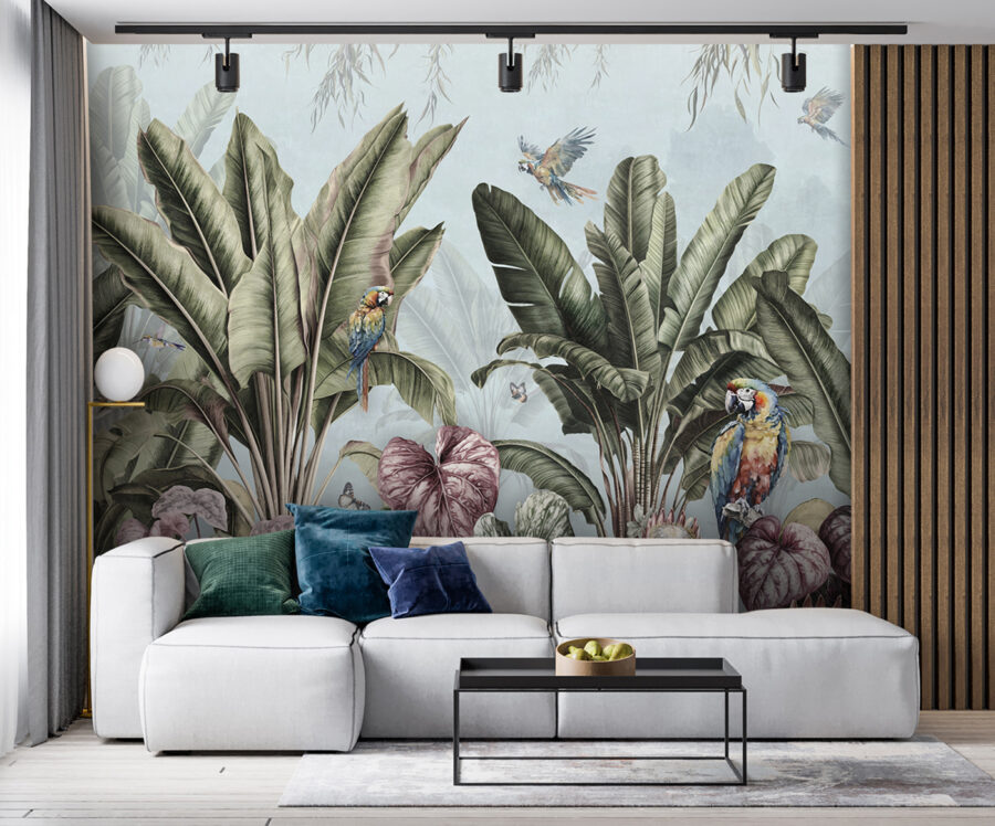 Papier peint avec des plantes tropicales et des oiseaux Papier peint avec des plantes tropicales et des oiseaux