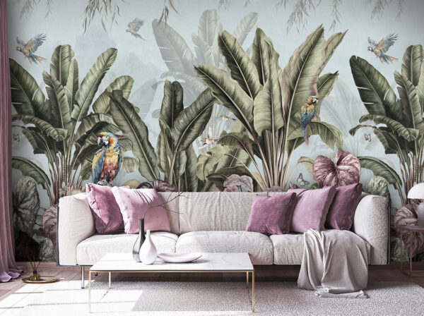 Papier peint avec des plantes tropicales et des oiseaux Papier peint avec des plantes tropicales et des oiseaux