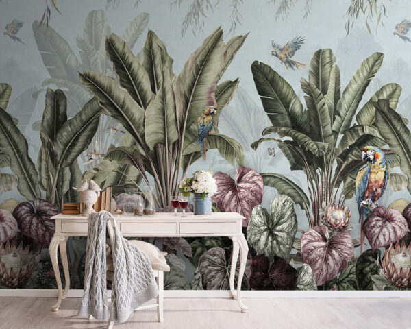 Papier peint avec des plantes tropicales et des oiseaux Papier peint avec des plantes tropicales et des oiseaux