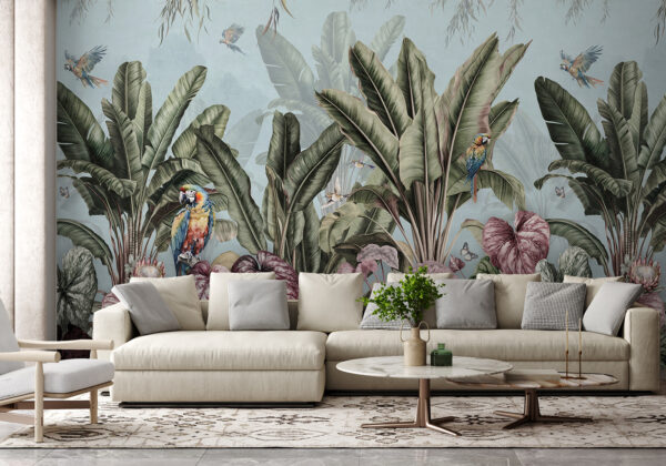 Papier peint avec des plantes tropicales et des oiseaux Papier peint avec des plantes tropicales et des oiseaux
