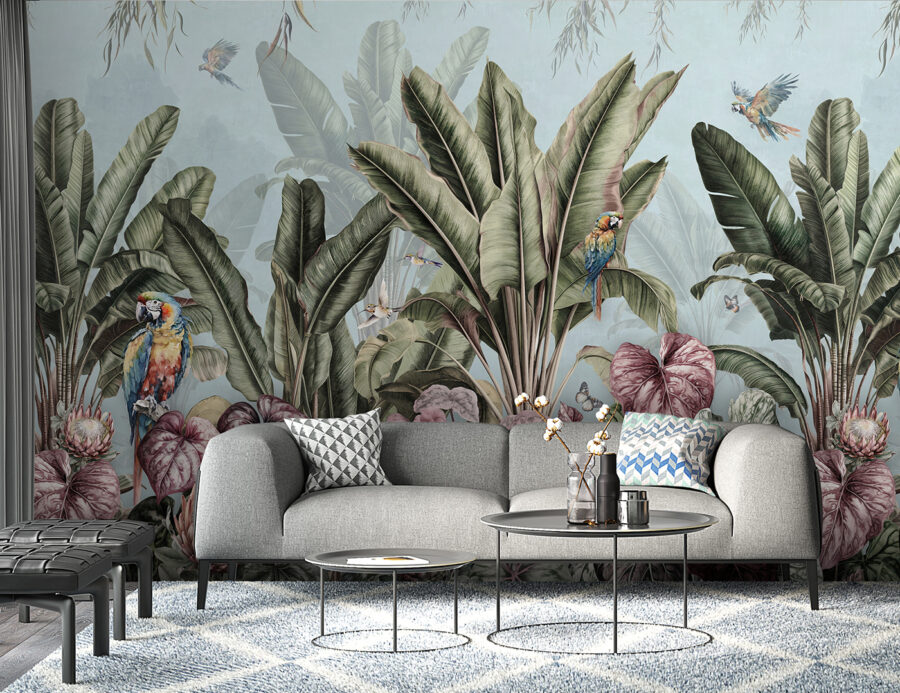 Papier peint avec des plantes tropicales et des oiseaux Papier peint avec des plantes tropicales et des oiseaux