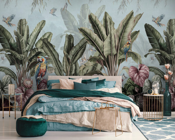 Papier peint avec des plantes tropicales et des oiseaux Papier peint avec des plantes tropicales et des oiseaux