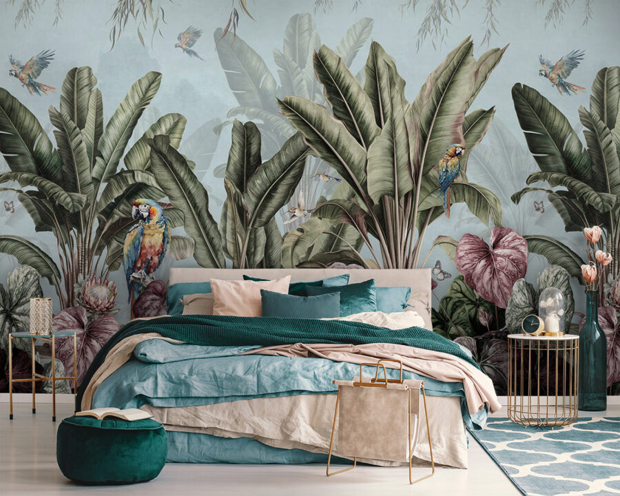 Papier peint avec des plantes tropicales et des oiseaux Papier peint avec des plantes tropicales et des oiseaux