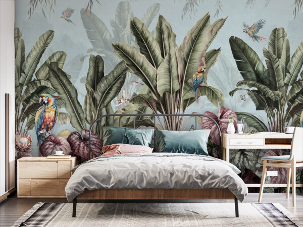 Papier peint avec des plantes tropicales et des oiseaux Papier peint avec des plantes tropicales et des oiseaux