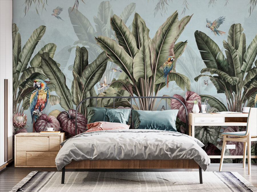 Papier peint avec des plantes tropicales et des oiseaux Papier peint avec des plantes tropicales et des oiseaux