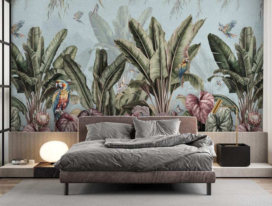 Papier peint avec des plantes tropicales et des oiseaux Papier peint avec des plantes tropicales et des oiseaux