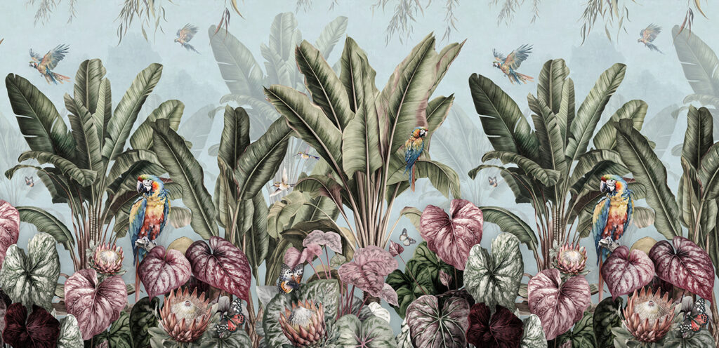Papier peint avec des plantes tropicales et des oiseaux Papier peint avec des plantes tropicales et des oiseaux