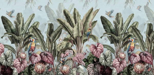 Papier peint avec des plantes tropicales et des oiseaux Papier peint avec des plantes tropicales et des oiseaux